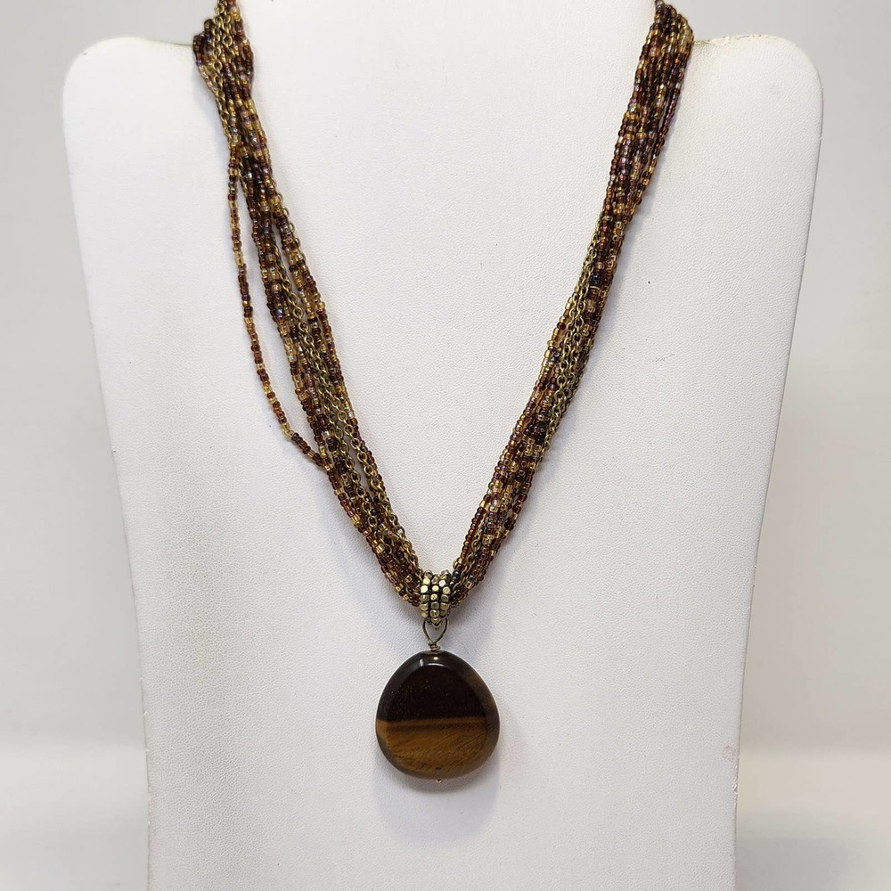 Lia Sophia Multi Strand Beaded Necklace Tigers Eye Stone Pendant Gold Earth Tone